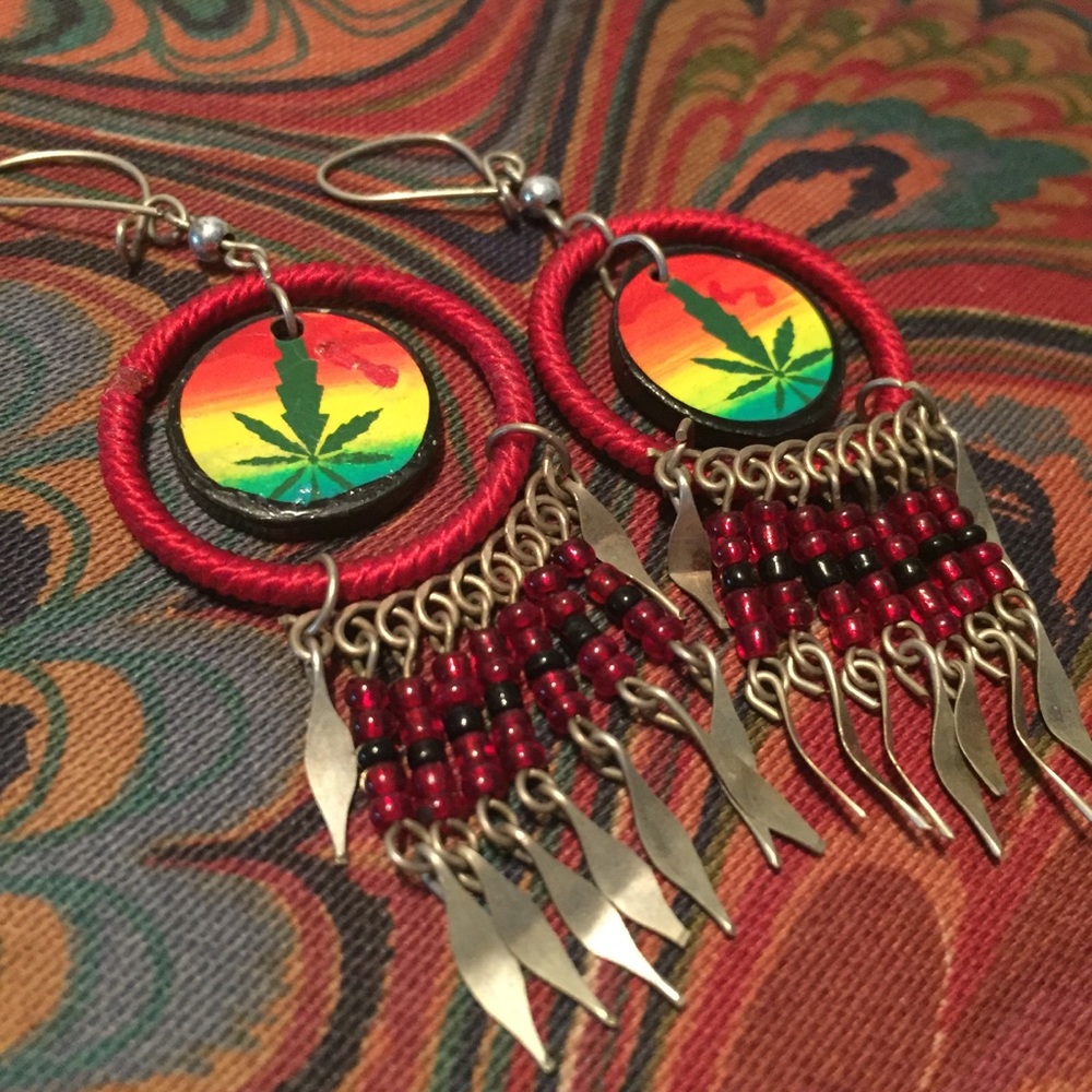Artisan hippie leaf dangle statement fringe 70s earrings